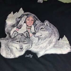 Black Graphic Tee with Wolves Design